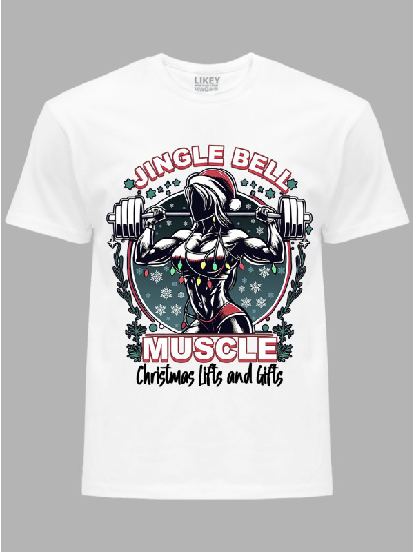 Новорічна футболка чоловіча з принтом "Різдвяні вправи для м'язів та подарунки/Jingle Bell - Muscle Christmas Lifts and Gifts" (24110073)