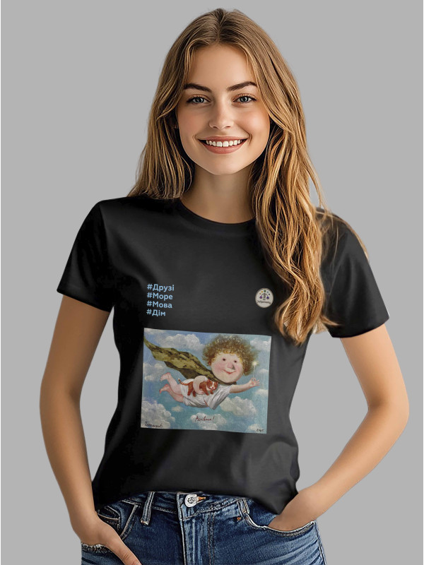 Футболка жіноча з принтом «Рятівник: #Друзі #Море #Мова #Дім» Євгенії Гапчинської, 2512013