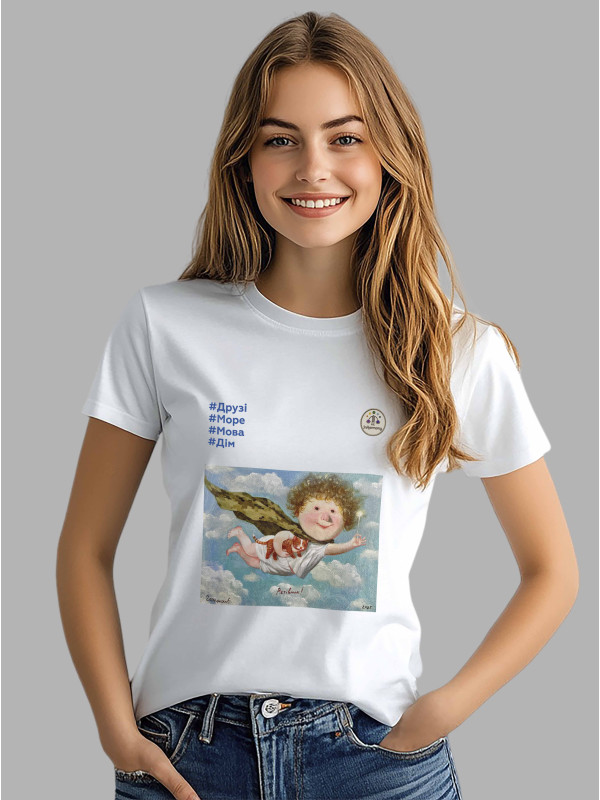 Футболка жіноча з принтом «Рятівник: #Друзі #Море #Мова #Дім» Євгенії Гапчинської, 2512013