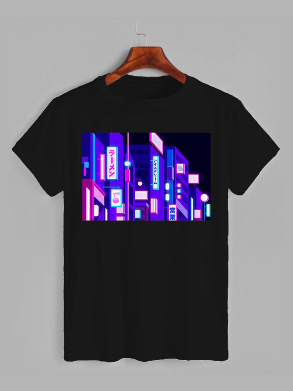 Футболка з принтом Японська вулиця в неонових кольорах (1233)