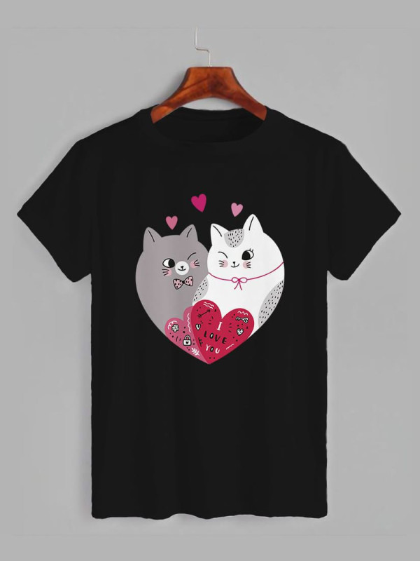 Футболка на день закоханих з принтом Пара милих закоханих котиків (1224)