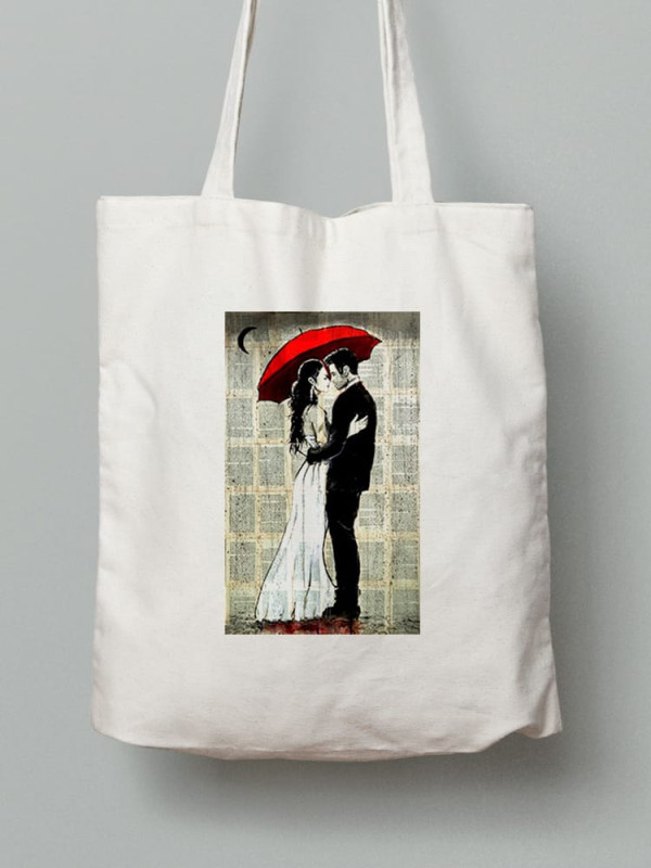 Екосумка шопер з бавовни 38х40см з принтом Пара в дощовий день - 2620